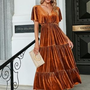 Burnt Orange Velvet Maxi Dress
